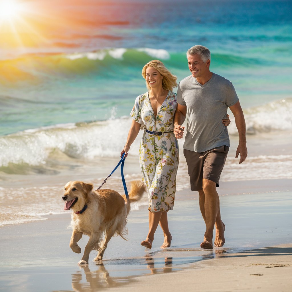 Couple Walking Dog on Beach