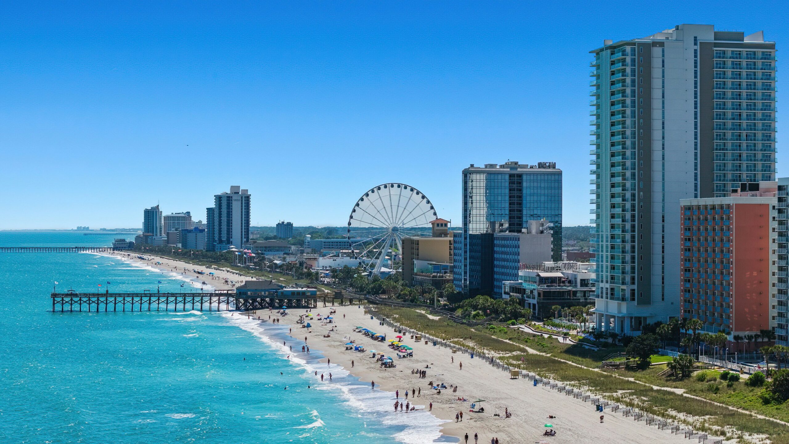 Aerial view of the Myrtle Beach oceanfront skyline and SkyWheel on Labor Day weekend